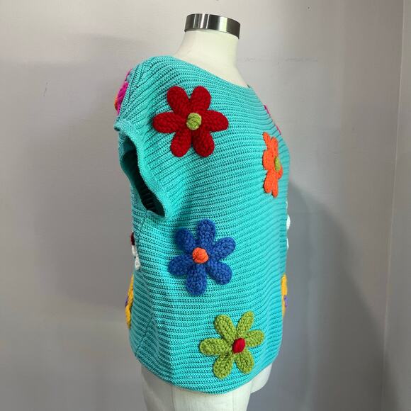 BiBi Blue Teal Floral Crochet Knit Short Sleeve Sweater Top Sz M - Picture 4 of 8